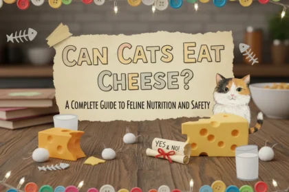 A slightly blurry, amateur photo of a grumpy tabby cat sniffing a block of cheddar on a cluttered kitchen counter, asking can cats eat cheese?