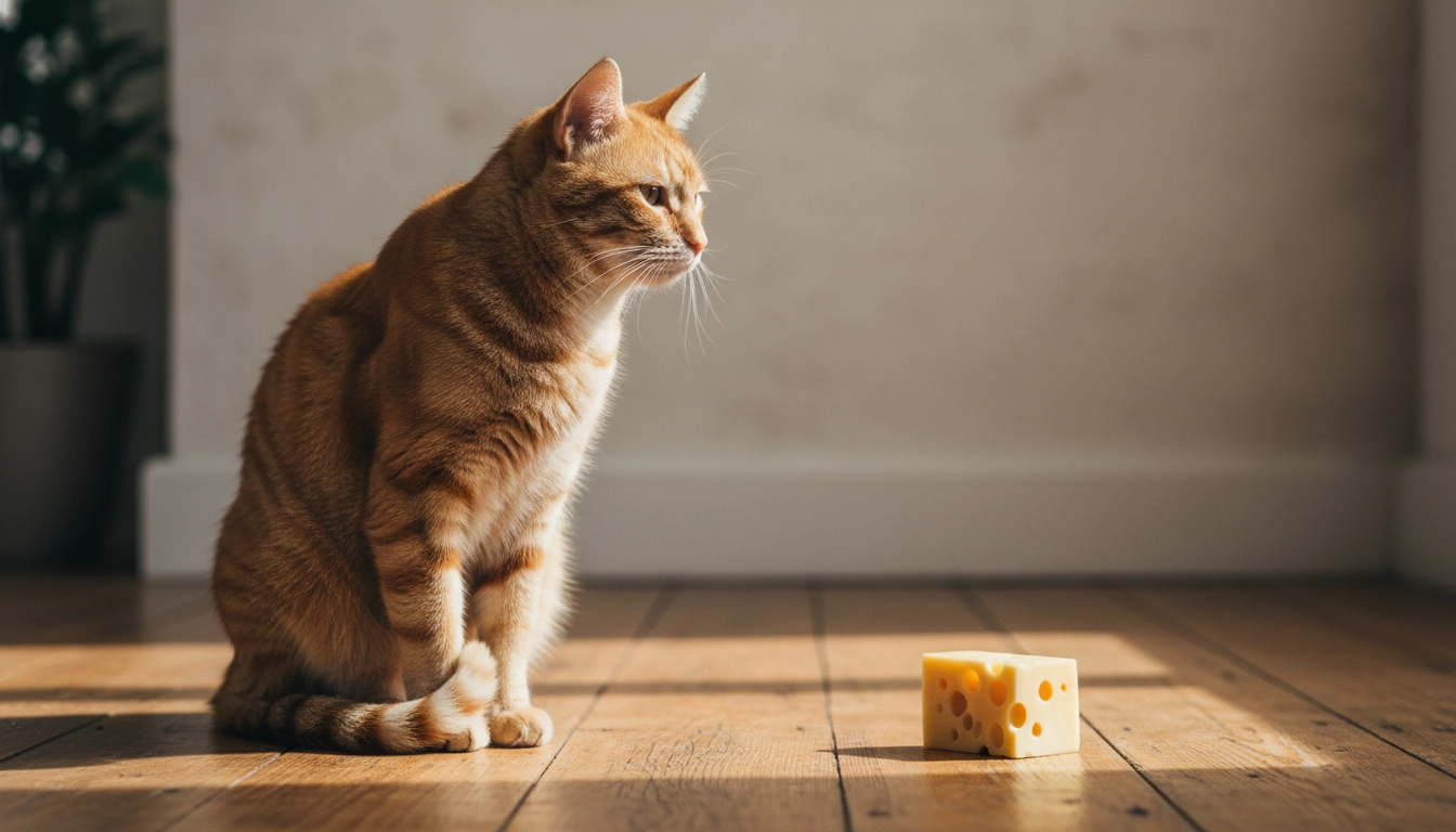 Can Cats Eat Cheese? A Complete Guide To Feline Nutrition And Safety A domestic cat looking away from a piece of gourmet cheese, highlighting the question of whether can cats eat cheese safely.