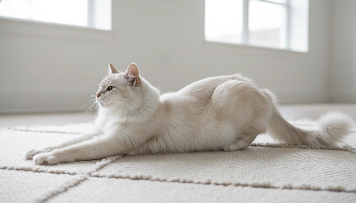 Can Cats Eat Cheese? A Complete Guide To Feline Nutrition And Safety A sleek, healthy cat stretching its body, representing a well-functioning feline digestive system without dairy interference.