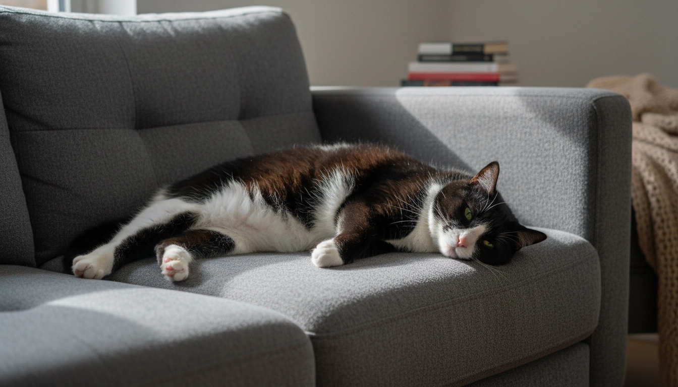 Can Cats Eat Cheese? A Complete Guide To Feline Nutrition And Safety A heavy-set cat lying on a sofa, representing the obesity risks associated with feeding cats cheese and high-fat snacks.