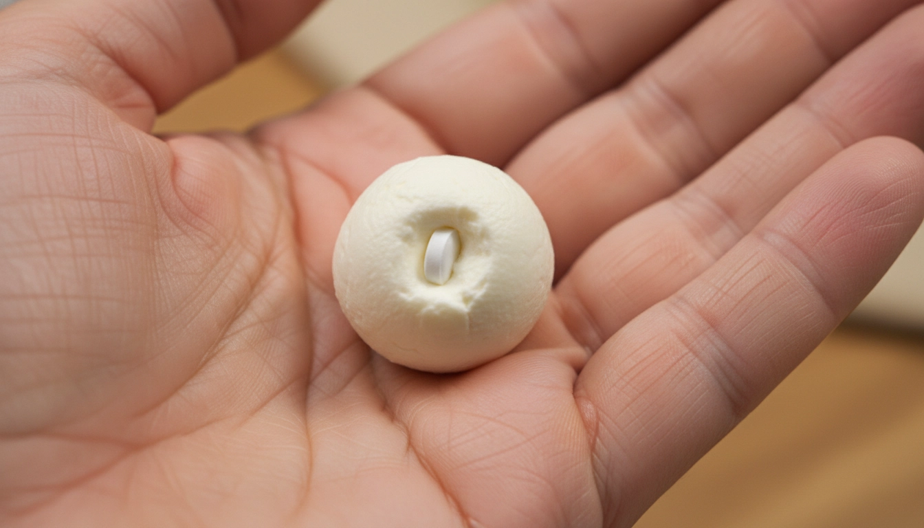 Can Cats Eat Cheese? A Complete Guide To Feline Nutrition And Safety A person's hand holding a small dollop of cream cheese with a medical pill tucked inside for a cat.