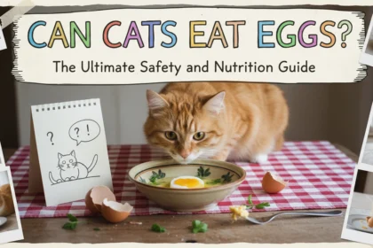 A curious ginger cat looking at a small plate of plain scrambled eggs on a wooden table, answering the question: can cats eat eggs ?