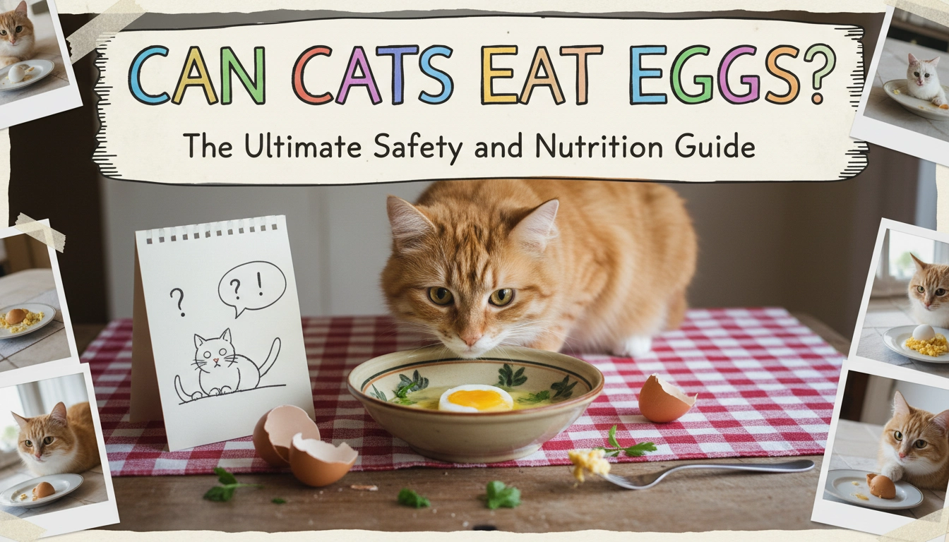 A curious ginger cat looking at a small plate of plain scrambled eggs on a wooden table, answering the question: can cats eat eggs ?