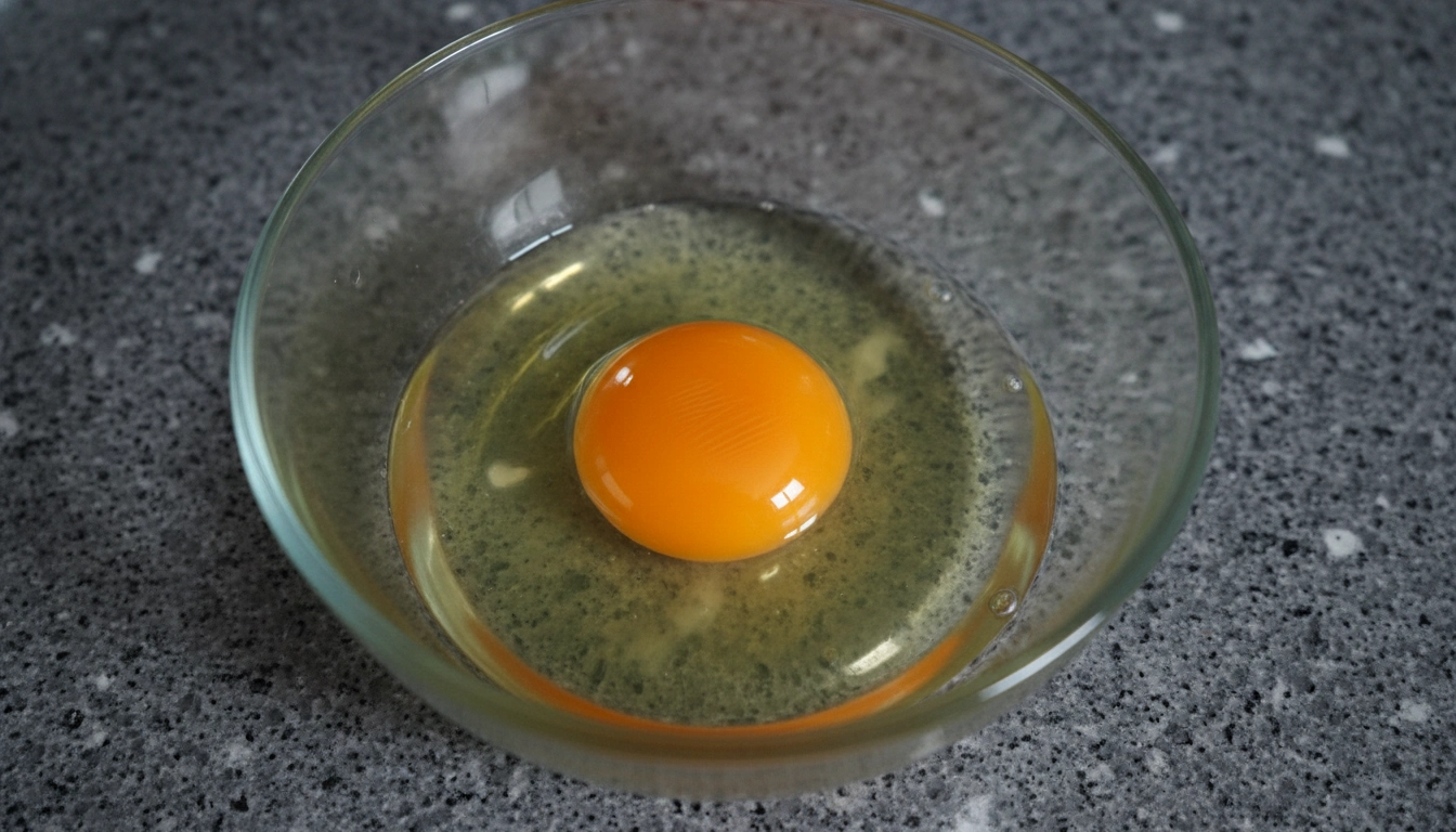 A raw egg with a runny white and yolk in a glass bowl, illustrating why raw eggs are unsafe for cats.