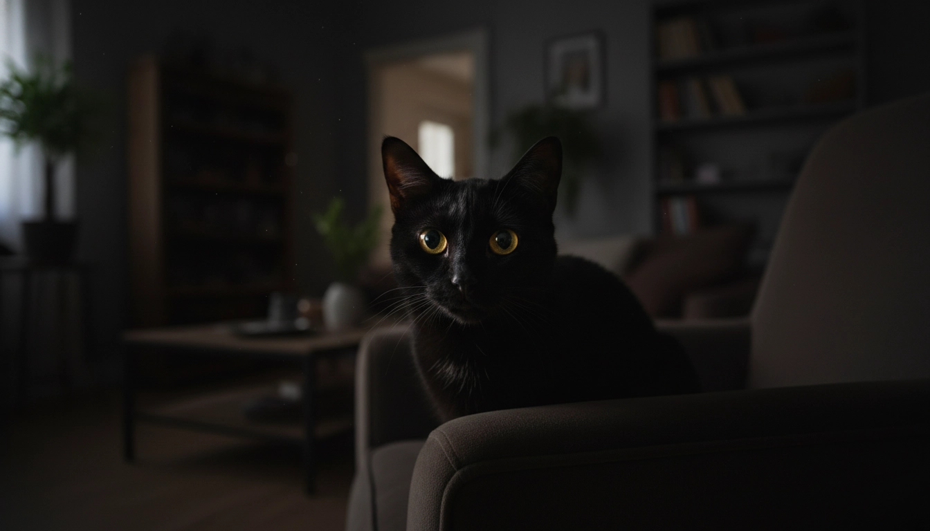 A cat looking alert in a dark room, highlighting how nutrients in eggs support feline night vision.