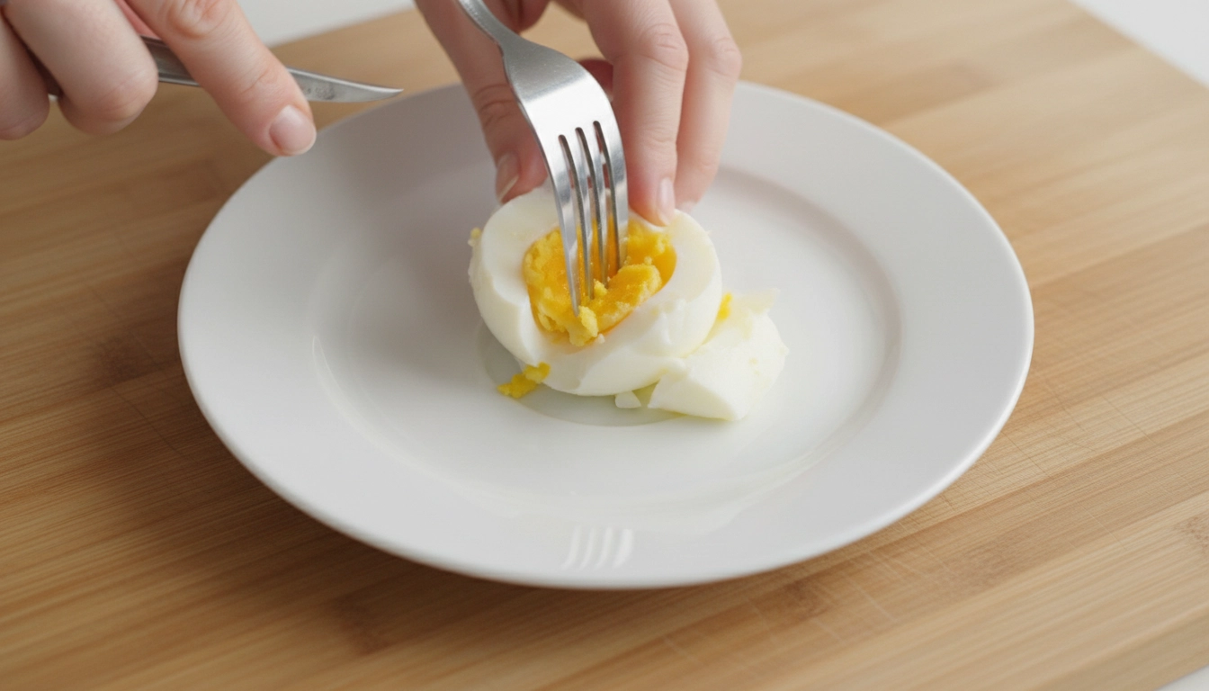A person using a fork to mash a plain hard-boiled egg on a plate for a cat.