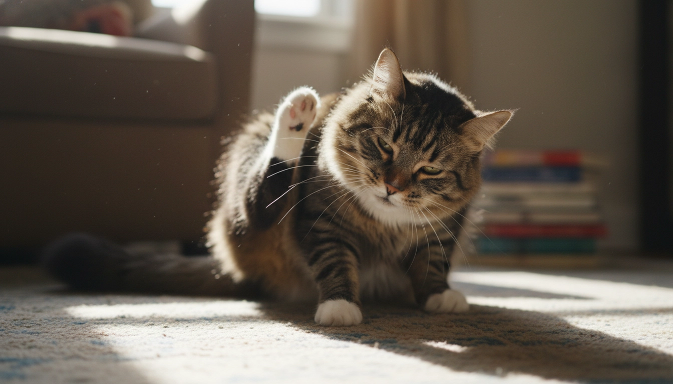 A cat using its back paw to scratch its head, illustrating potential signs of an egg allergy in cats.