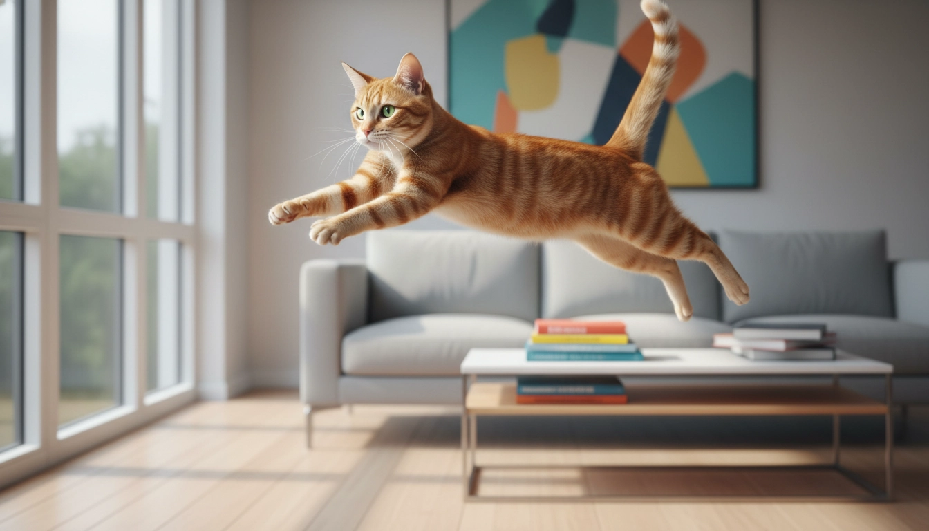 An energetic cat leaping into the air, showing the vitality provided by nutrients like riboflavin and Vitamin D.