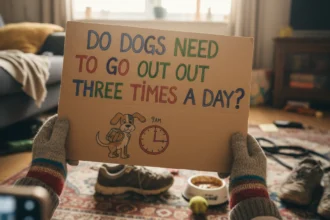 A slightly blurry smartphone photo of a dog sitting by a wooden door, illustrating the question: Do dogs need to go out three times a day?