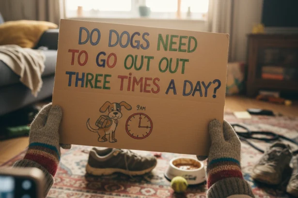 A slightly blurry smartphone photo of a dog sitting by a wooden door, illustrating the question: Do dogs need to go out three times a day?