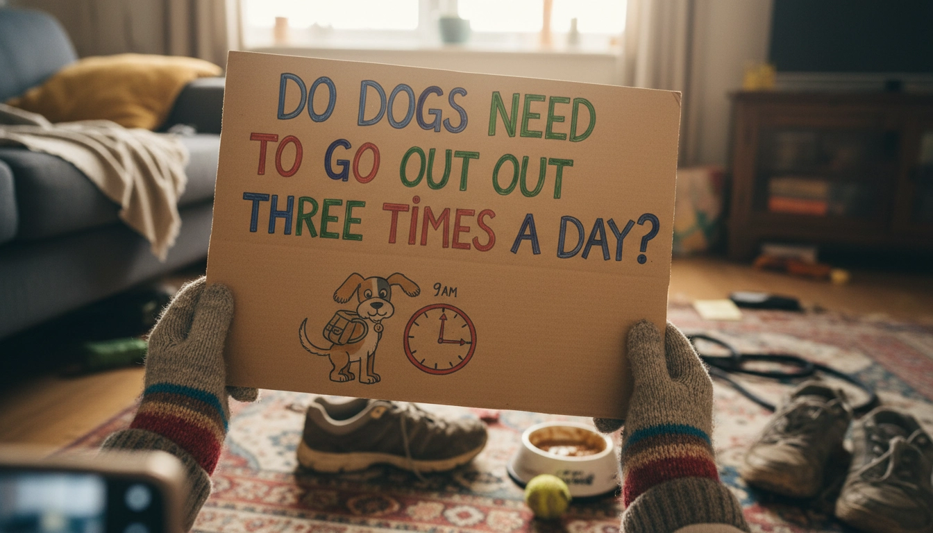 A slightly blurry smartphone photo of a dog sitting by a wooden door, illustrating the question: Do dogs need to go out three times a day?