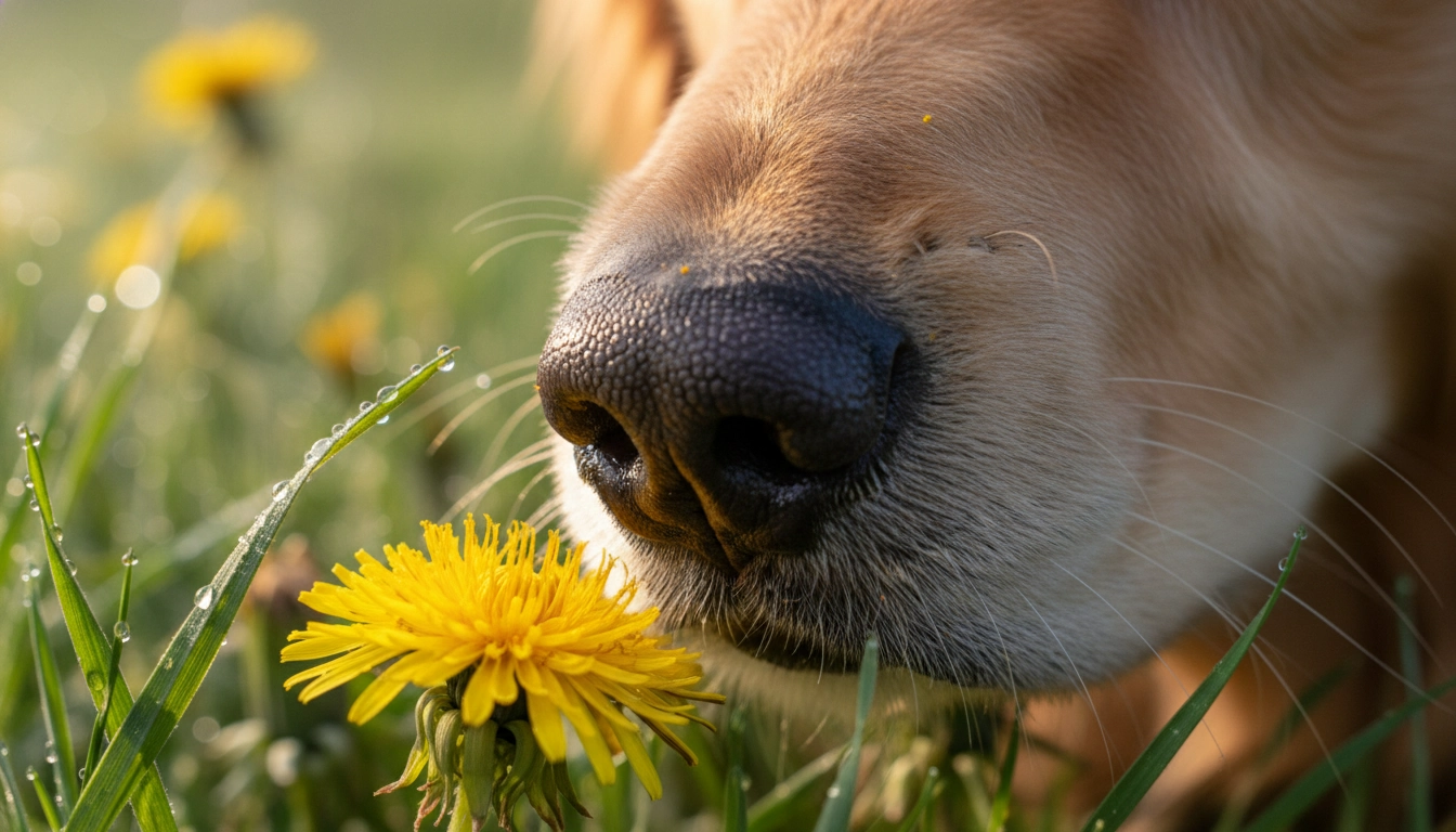 A close-up of a dog’s nose sniffing a patch of tall grass, exploring the idea: Do dogs need to go out three times a day?