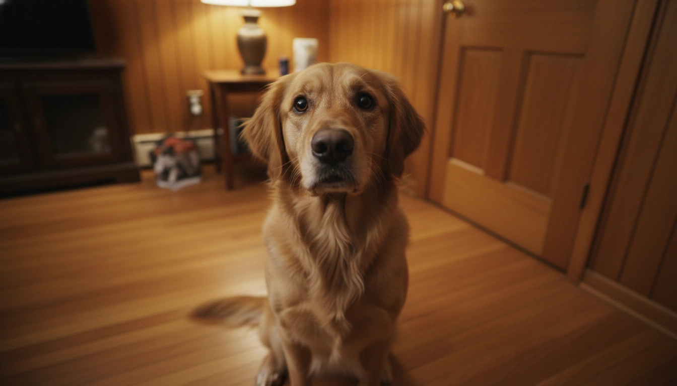 A dog sitting on a rug staring intensely at the camera, asking: Do dogs need to go out three times a day?