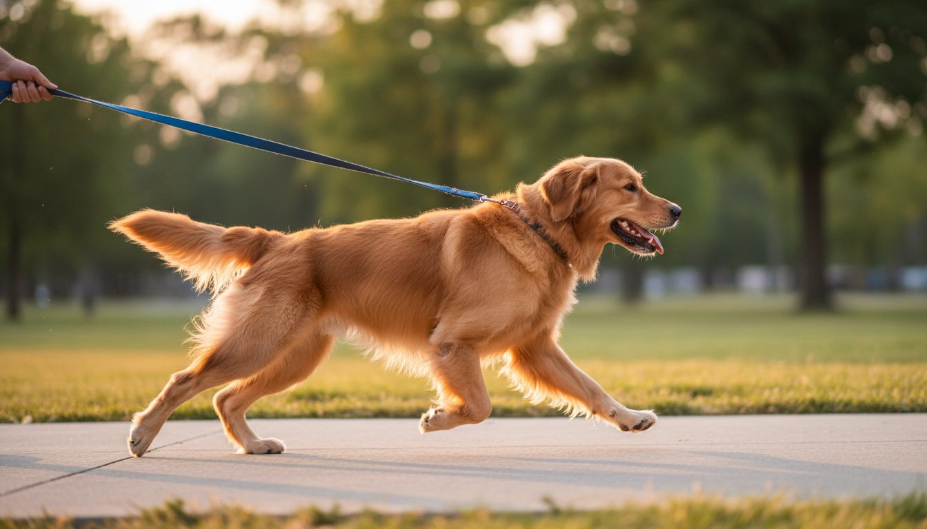 An energetic dog pulling slightly on a leash during a walk in a sunny park, questioning if: Do dogs need to go out three times a day?