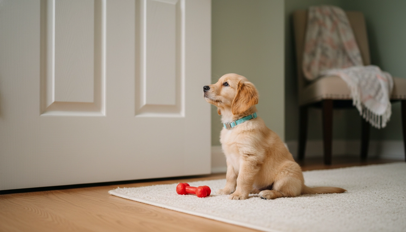 A small puppy looking confused near a door, highlighting the dilemma: Do dogs need to go out three times a day?