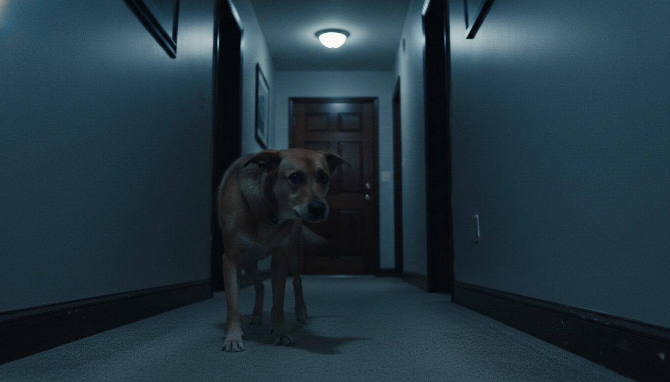 A blurred motion shot of a dog pacing in a hallway, indicating the urgency of: Do dogs need to go out three times a day?