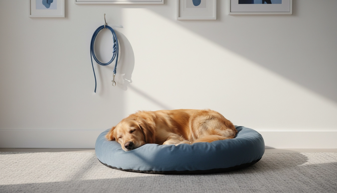 A calm dog lying down next to its coiled leash on the floor, reflecting on the routine of: Do dogs need to go out three times a day?