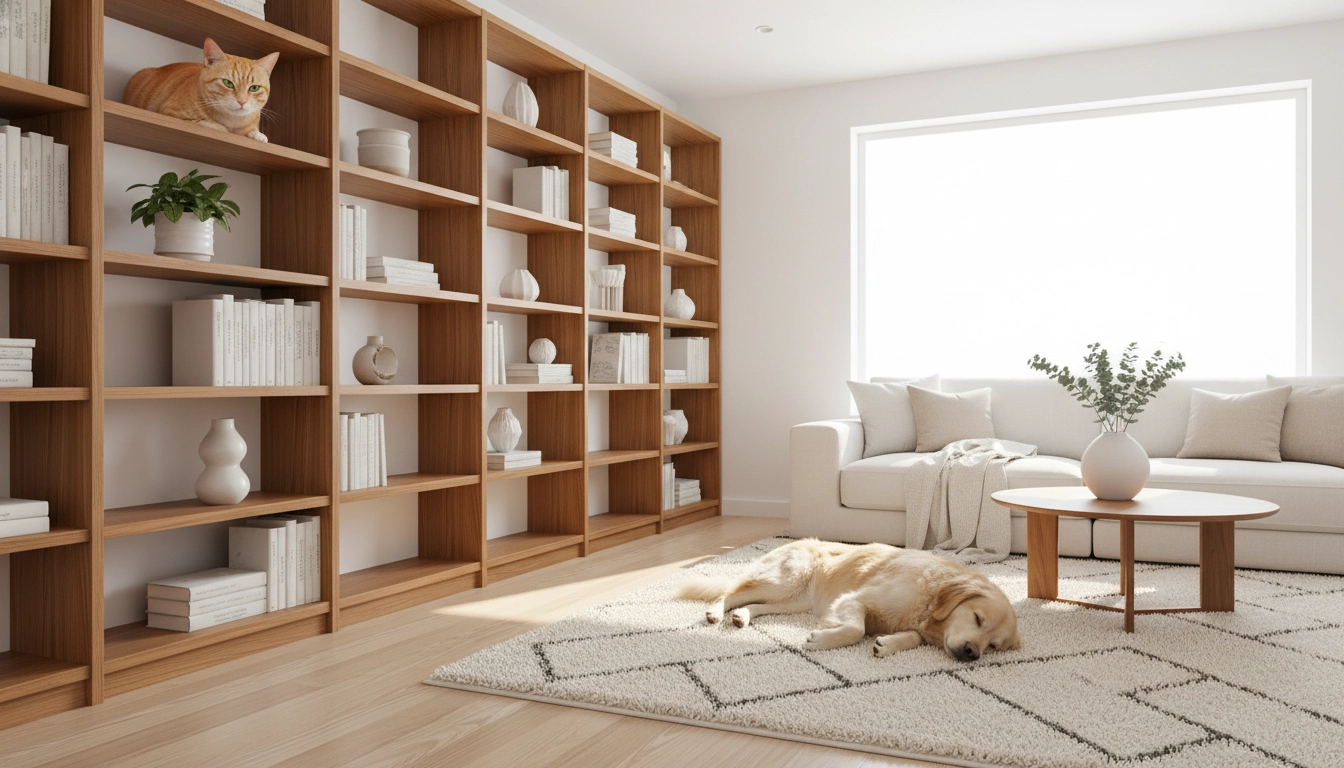 A cat and a dog resting in separate sunbeams in a clean living room, concluding the guide: Do dogs need to go out three times a day?