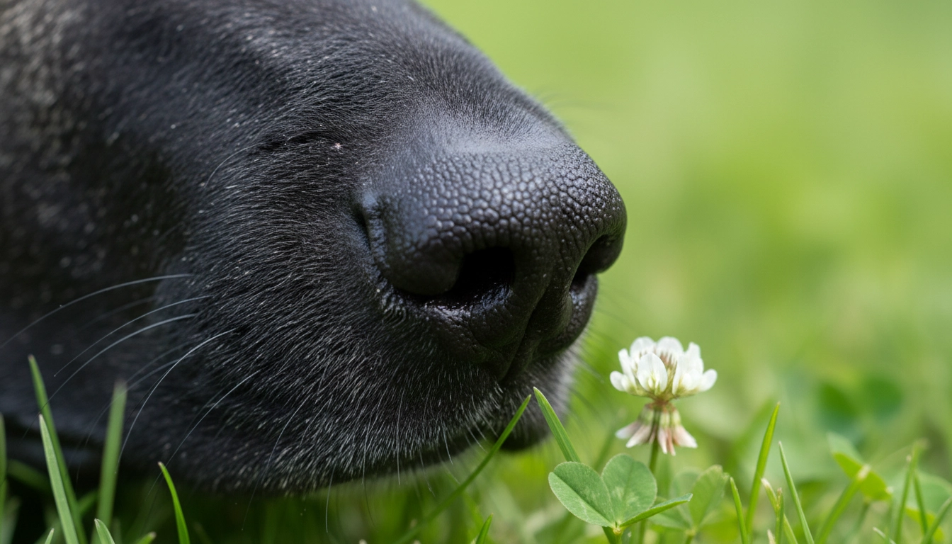A close-up shot of a dog's nose sniffing deep into tall green grass during a decompression walk.