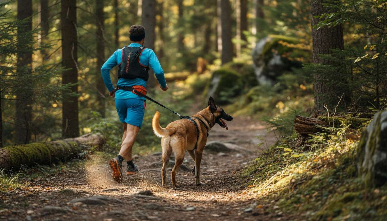 An active owner and their dog running together on a woodland trail during a high-intensity interval session.