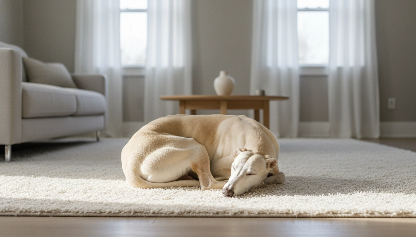 A content, well-exercised dog resting peacefully on a rug in a sunlit living room.