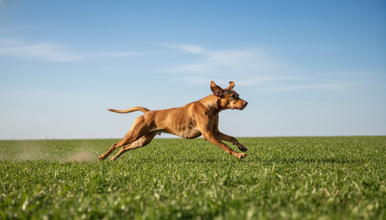 A fit, athletic dog running through a field, showing healthy muscle definition and a lean frame.