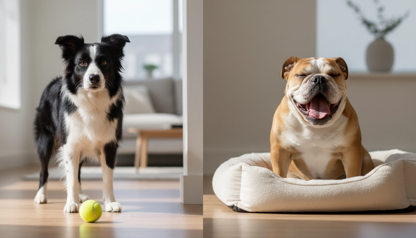 A side-by-side comparison of a focused Border Collie ready to run and a relaxed Bulldog sitting down.