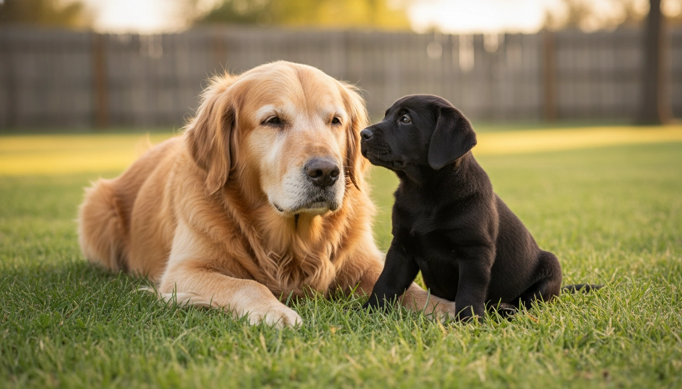 A young puppy playing gently near an older, senior dog resting on a lawn.