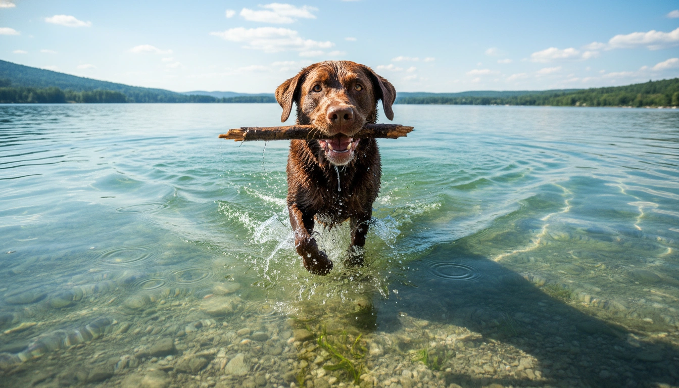 A dog happily swimming in a lake, showing a full-body, low-impact workout.