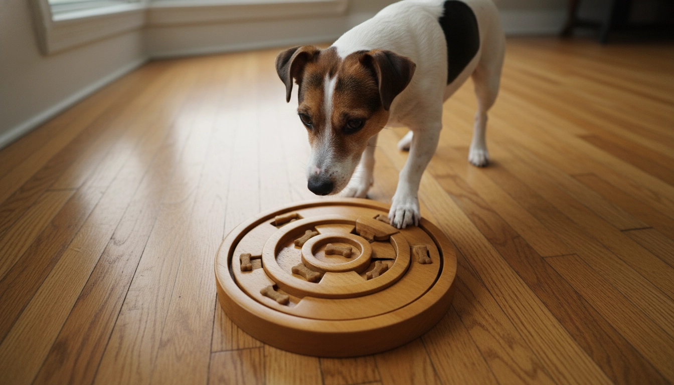 A dog using its nose and paws to move pieces on a wooden mental stimulation puzzle toy.