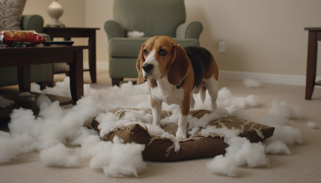 A dog sitting next to a chewed-up sneaker on a living room floor, looking bored.