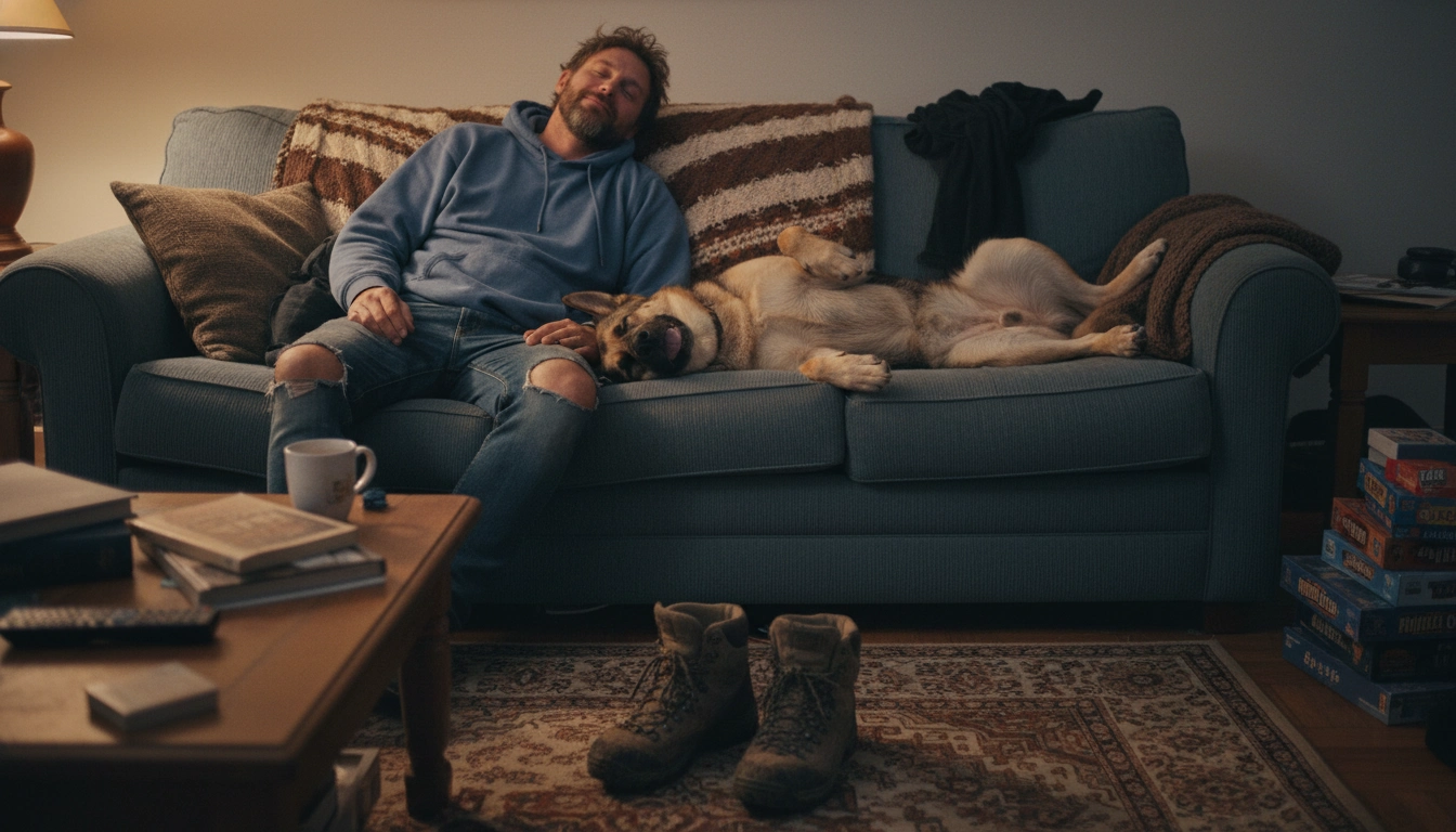 A person and their dog both asleep and exhausted on a sofa after an overly intense hiking trip.
