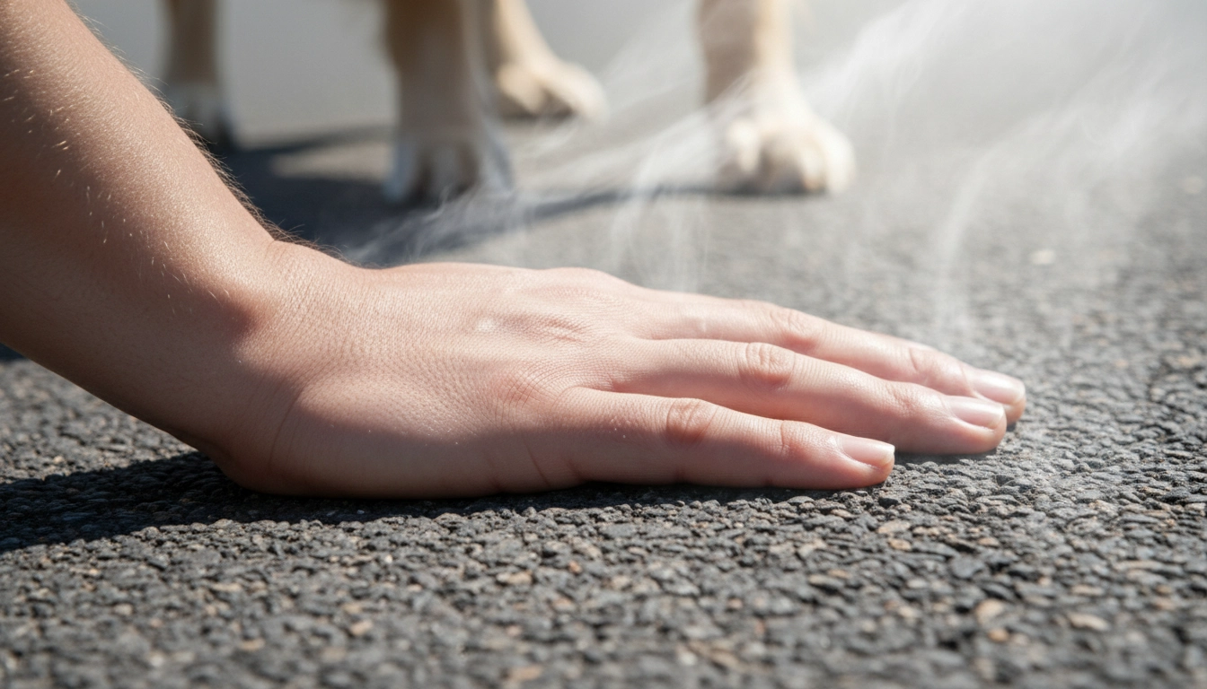 A person's hand pressed against asphalt to check if it is too hot for a dog's paws.