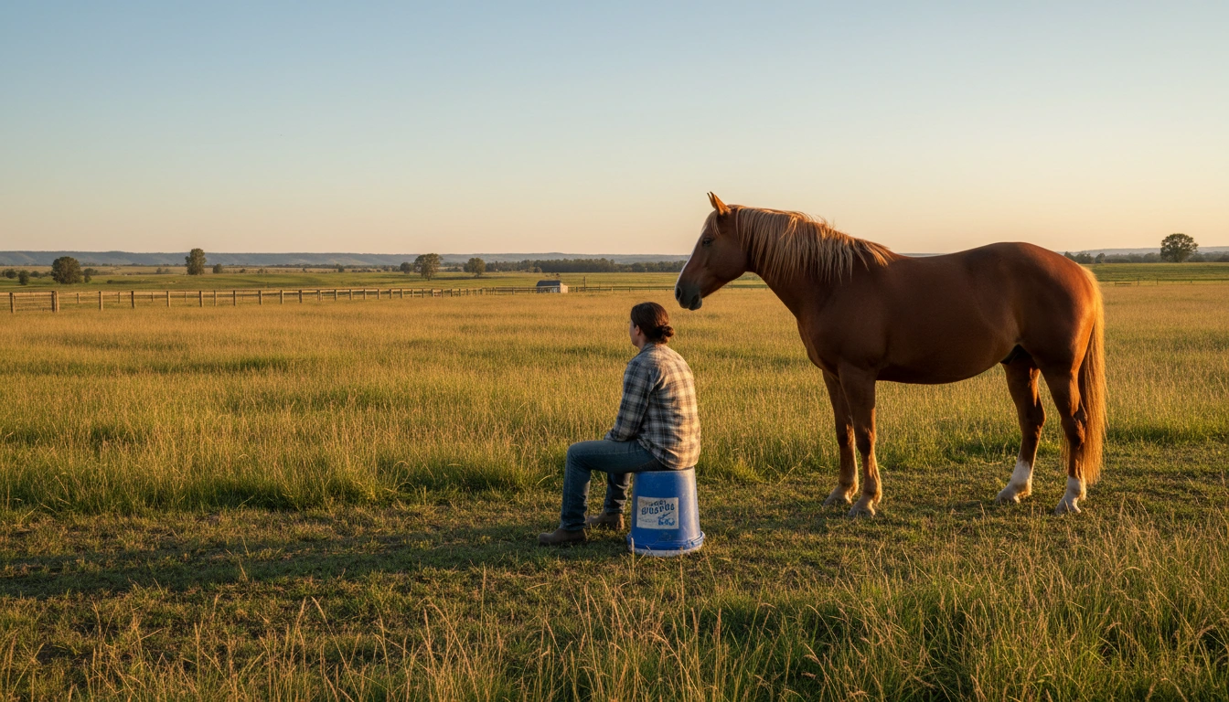 A person sitting quietly on an upturned plastic bucket in a field while a horse stands nearby, relaxed.