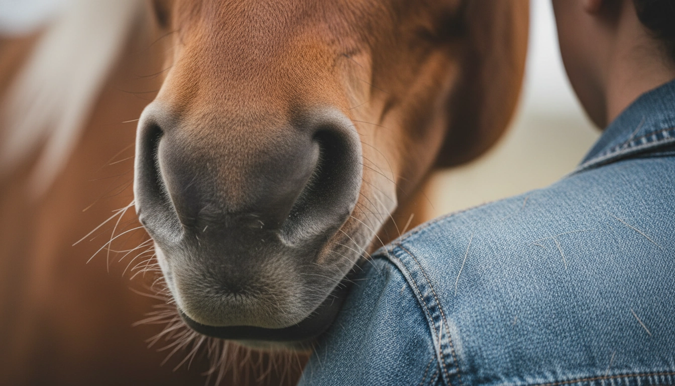 A horse gently nuzzling and nibbling at a person's shoulder, demonstrating equine allogrooming.