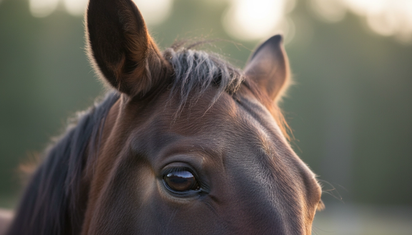 A close-up of a horse’s soft, relaxed eye and a floppy, sideways-pointing ear.