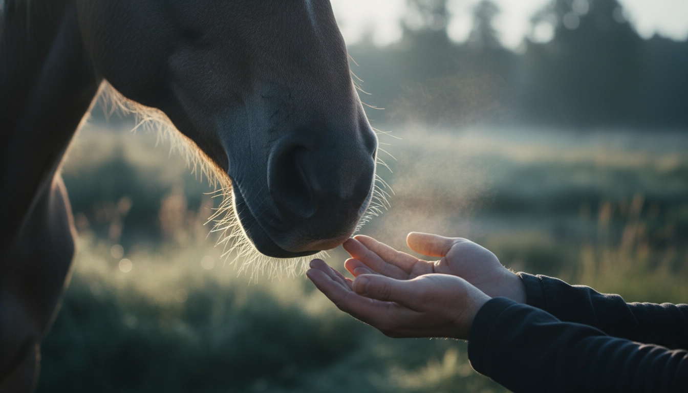 A horse’s muzzle close to a person’s cupped hands, illustrating the gentle breath exchange.