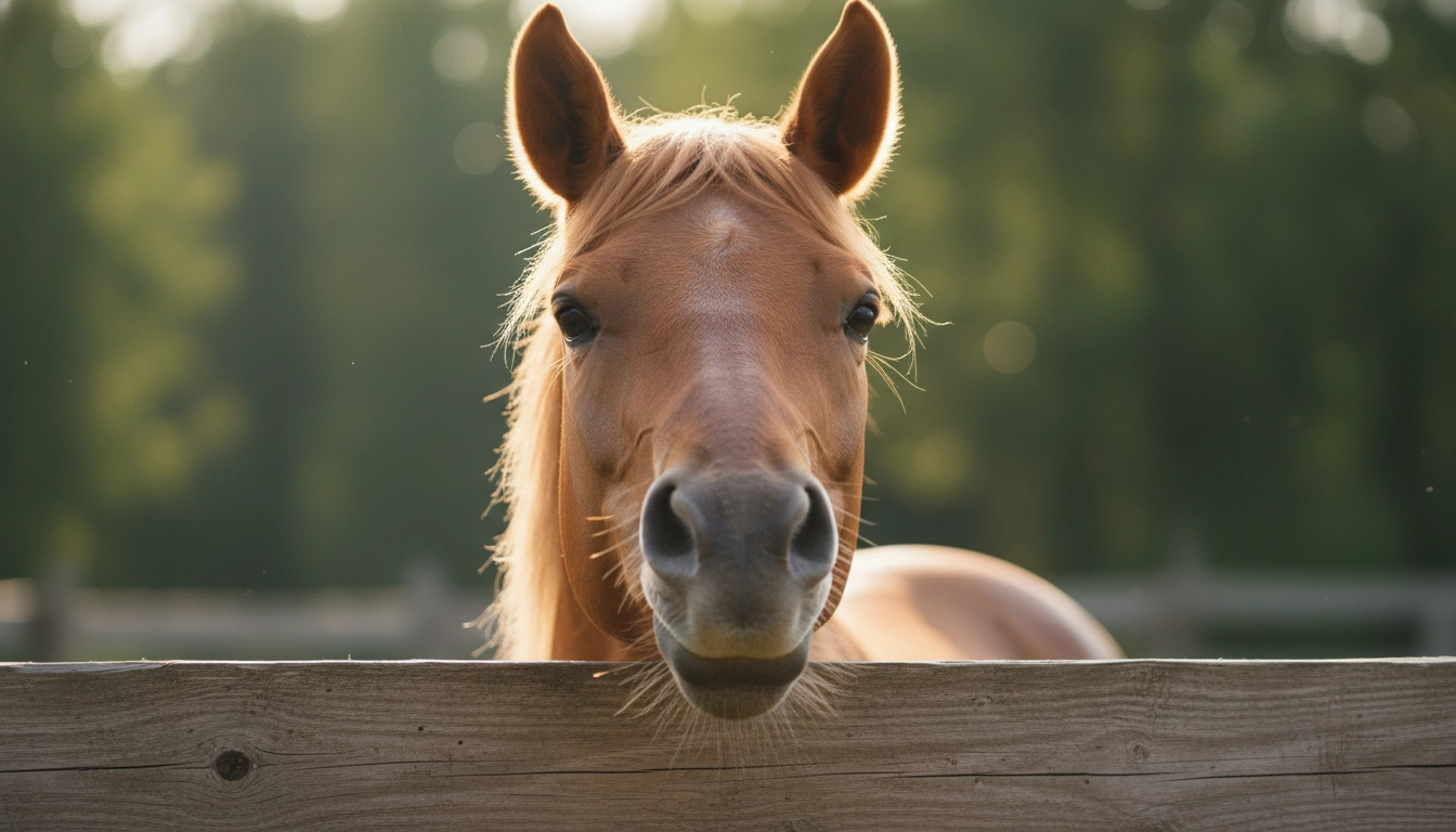 A horse with slightly flared nostrils and a soft expression, appearing to make a low nicker sound.