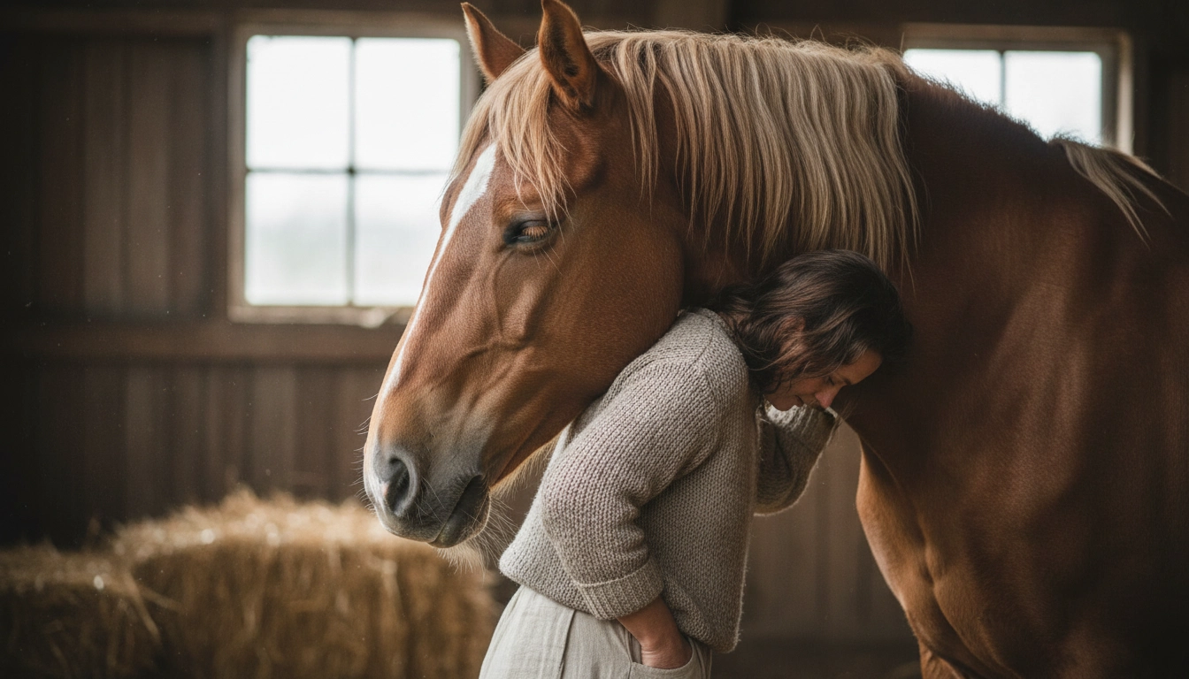 A horse resting the full weight of its head on a person's shoulder in a gesture of trust.