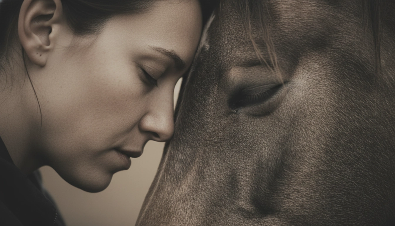 A person and a horse touching foreheads, symbolizing synchronized heart rates and emotional bonding.