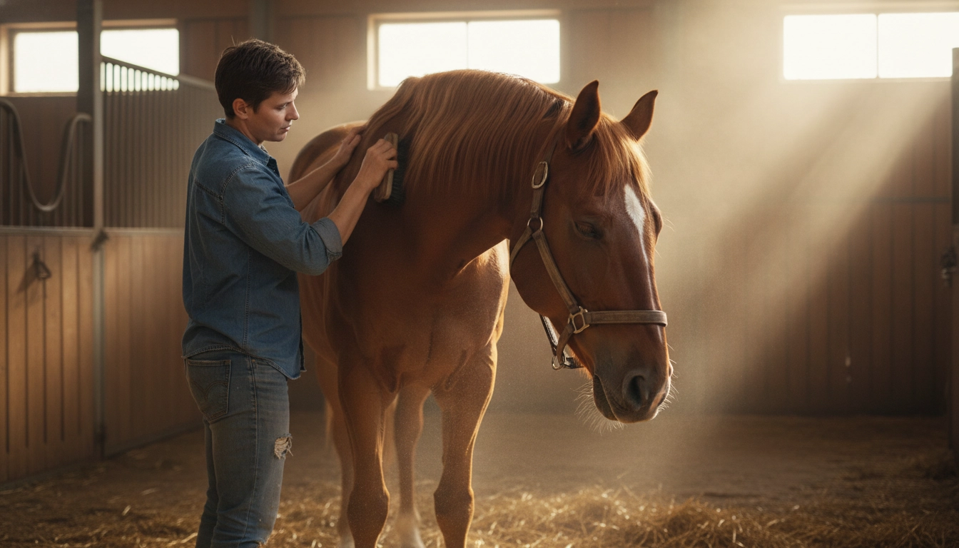 A person using a brush to groom a horse in a quiet, sunlit stable aisle.