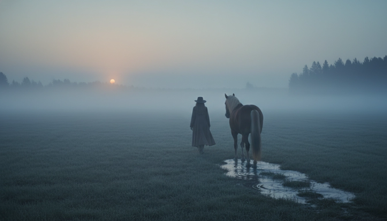 A person walking across a field with a horse following closely behind without a lead rope.