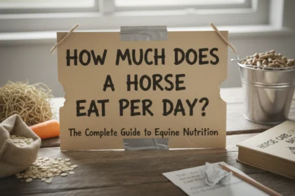 A candid, homemade-style photo of a chestnut horse eating hay from