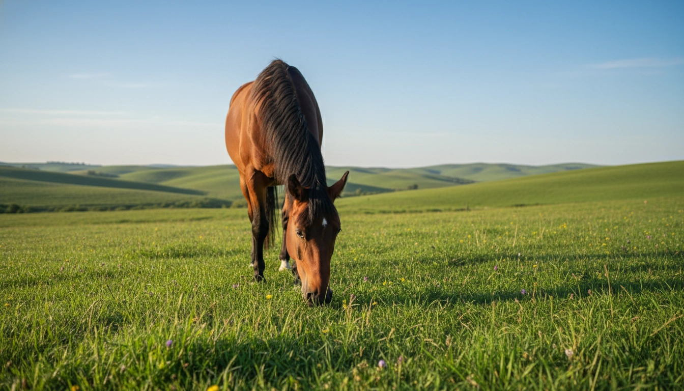 A horse grazing on green grass, demonstrating the natural trickle-feeding process of equine nutrition.