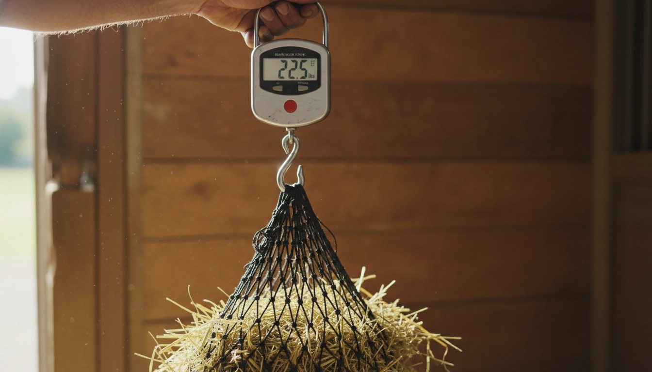 A digital hanging scale being used to measure a hay net to determine exactly how much does a horse eat per day.
