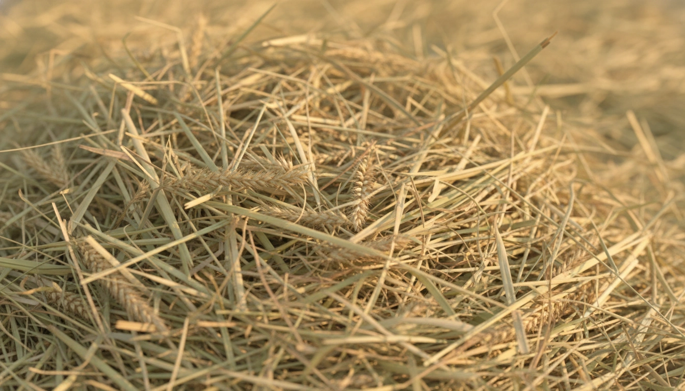 A detailed close-up of fresh, green, dust-free Timothy hay suitable for horse forage.