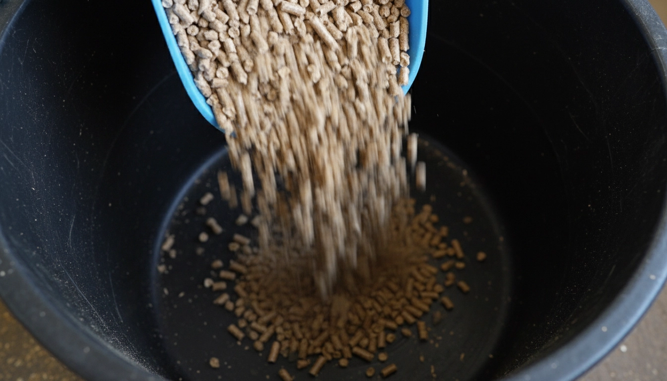 A plastic scoop measuring pelleted grain into a black rubber horse feed bucket.