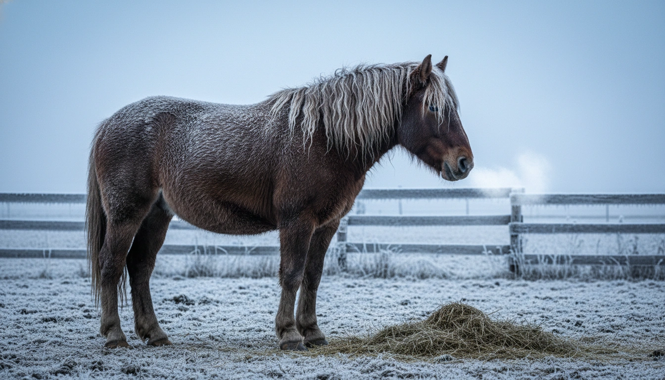 A horse with a thick winter coat eating hay in a frosty field, showing how weather affects how much does a horse eat per day.