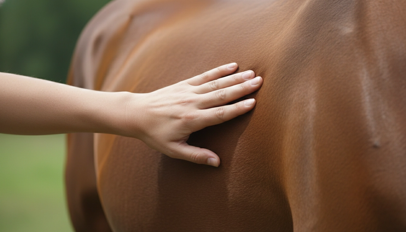 A person's hand feeling the ribcage of a horse to assess its body condition and weight.