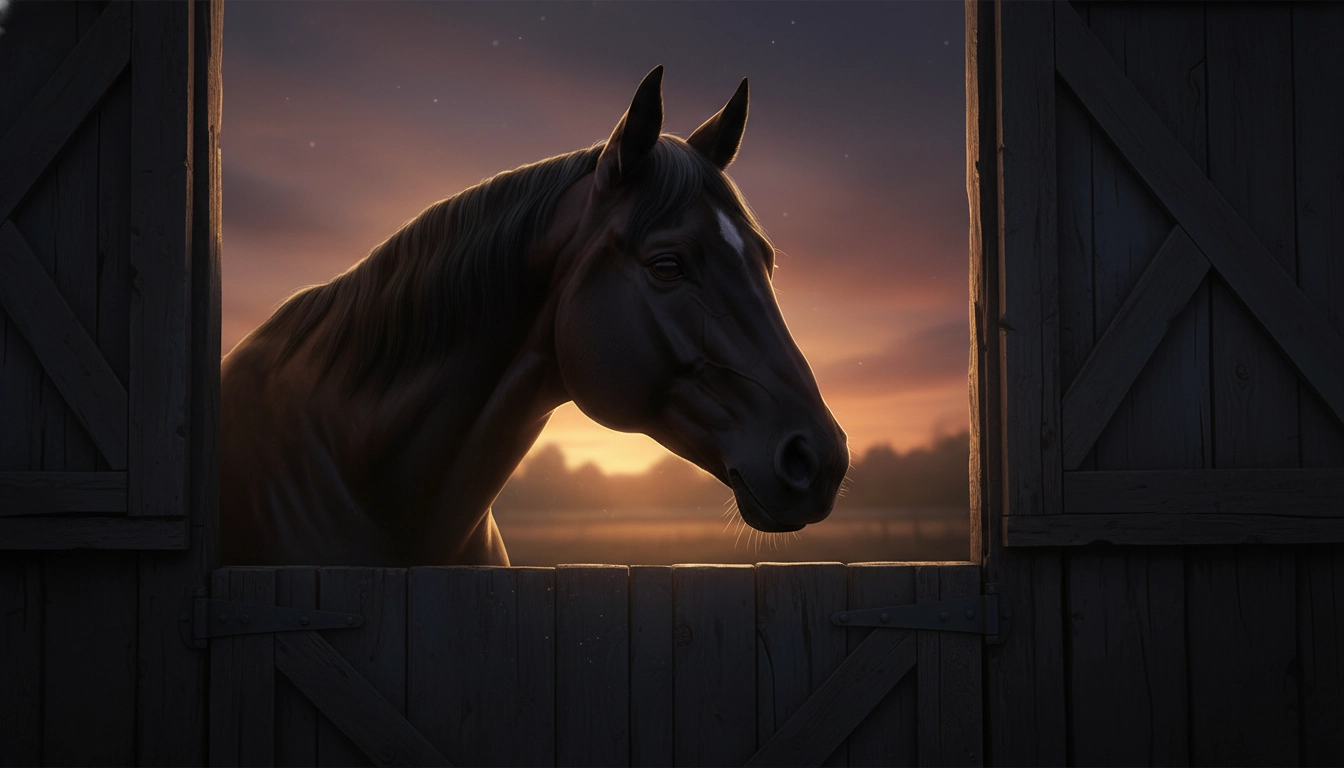 A horse standing calmly in a barn stall during sunset, representing the peace of a well-managed feeding routine.